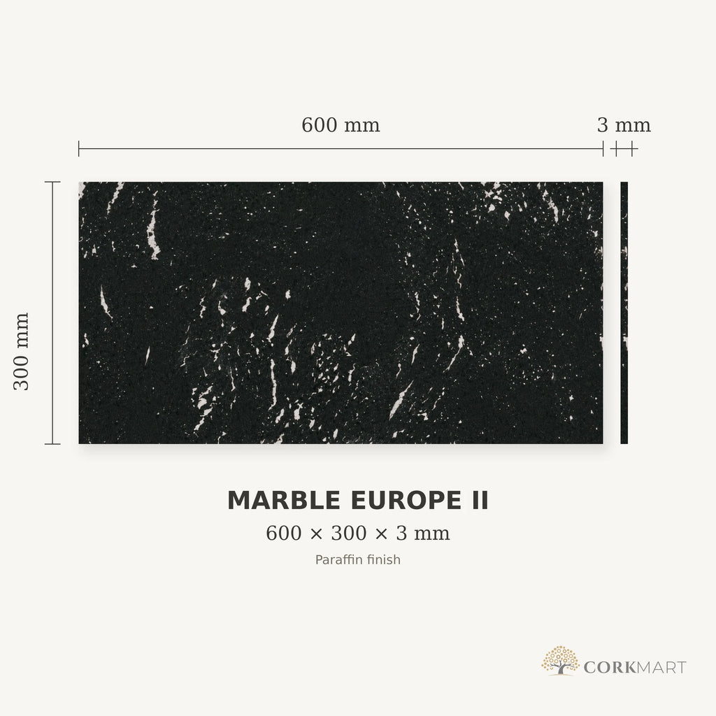 Europe Marble II cork wall tile dimensions for the 600 × 300 × 3 mm format; 300 × 300 mm format also available