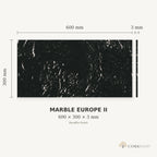 Europe Marble II cork wall tile dimensions for the 600 × 300 × 3 mm format; 300 × 300 mm format also available