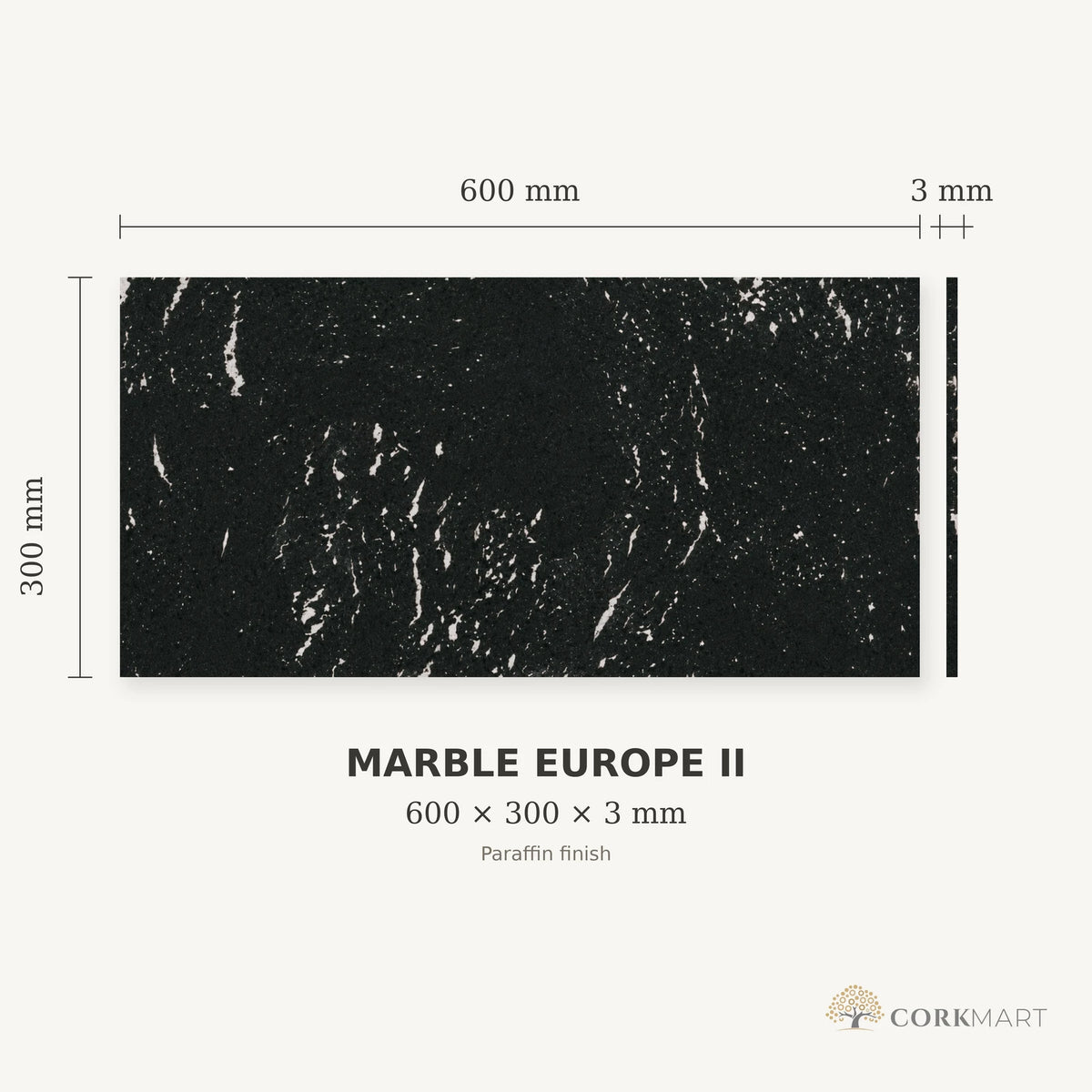 Europe Marble II cork wall tile dimensions for the 600 × 300 × 3 mm format; 300 × 300 mm format also available