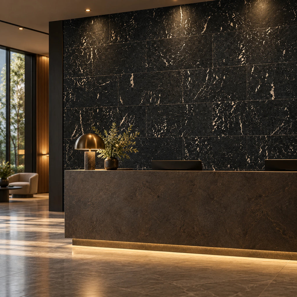 Europe Marble II cork wall tile shown in a conceptual hospitality reception visualization