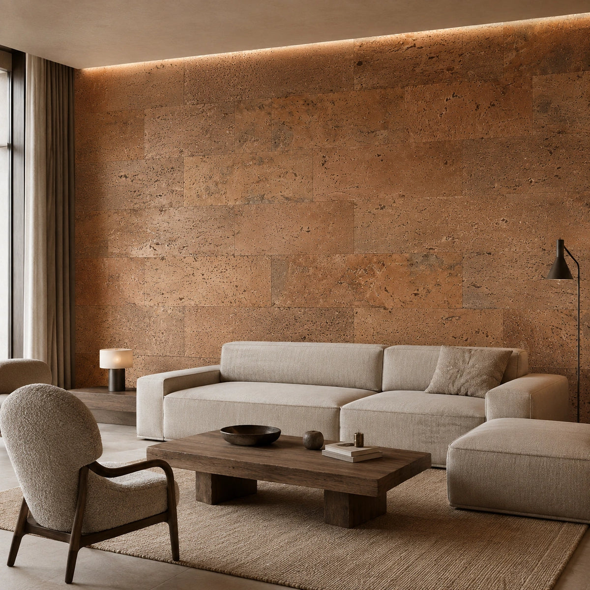Europe Natural cork wall tile shown in a conceptual architectural interior visualization
