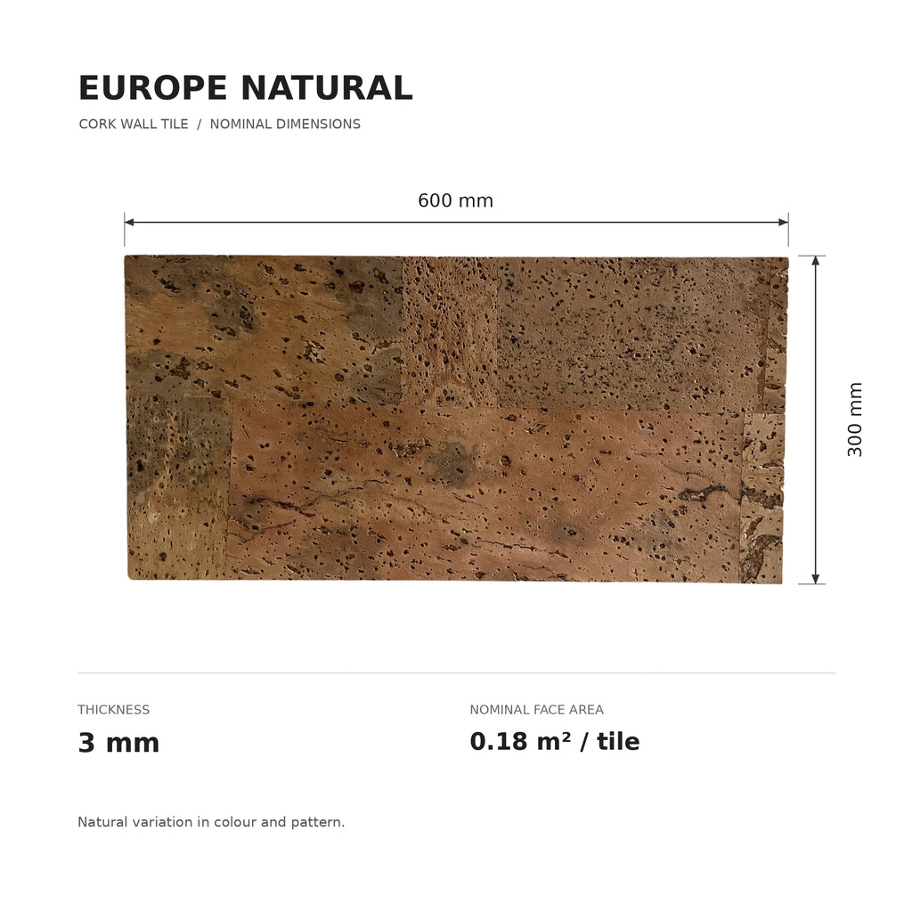 Europe Natural cork wall tile dimensions for the 600 × 300 × 3 mm format; 300 × 300 mm format also available