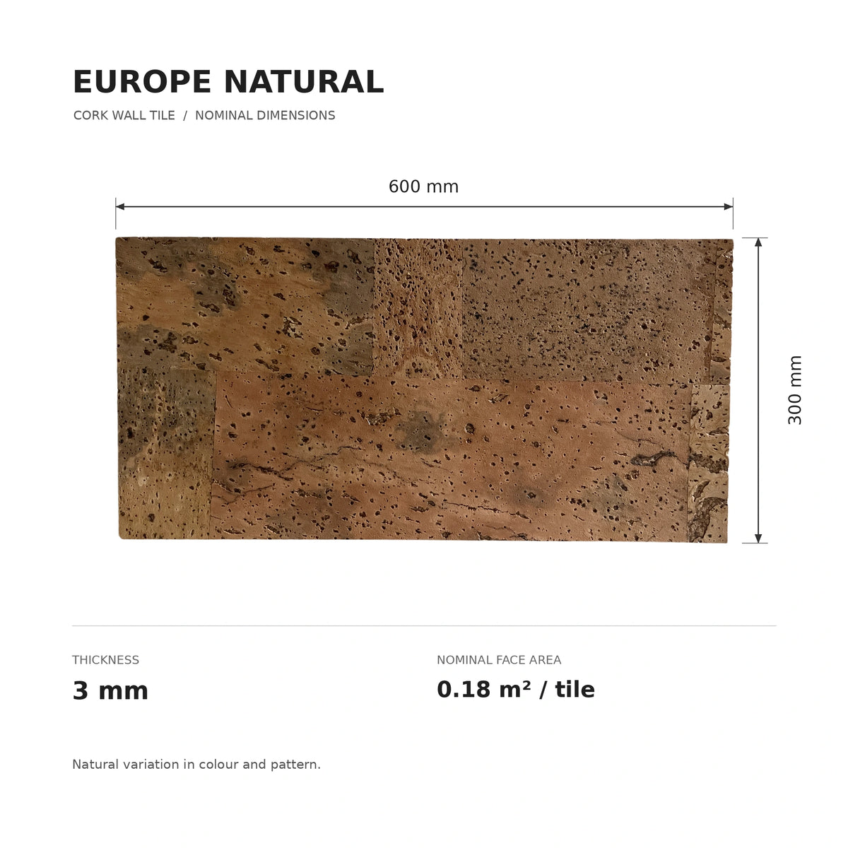 Europe Natural cork wall tile dimensions for the 600 × 300 × 3 mm format; 300 × 300 mm format also available