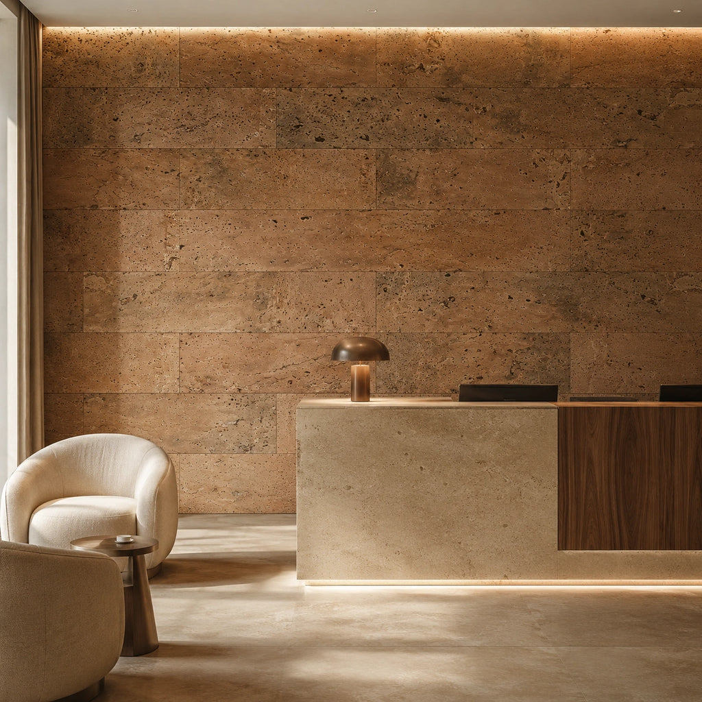 Europe Natural cork wall tile shown in a conceptual hospitality reception visualization