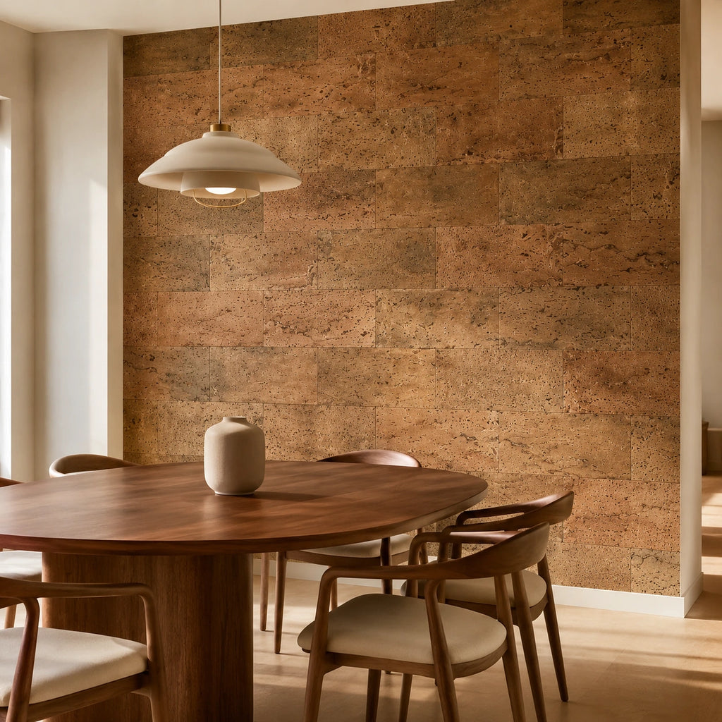 Europe Natural cork wall tile shown in a conceptual residential dining interior visualization