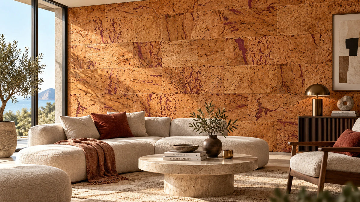 Europe Red cork wall tile shown in a conceptual architectural interior visualization