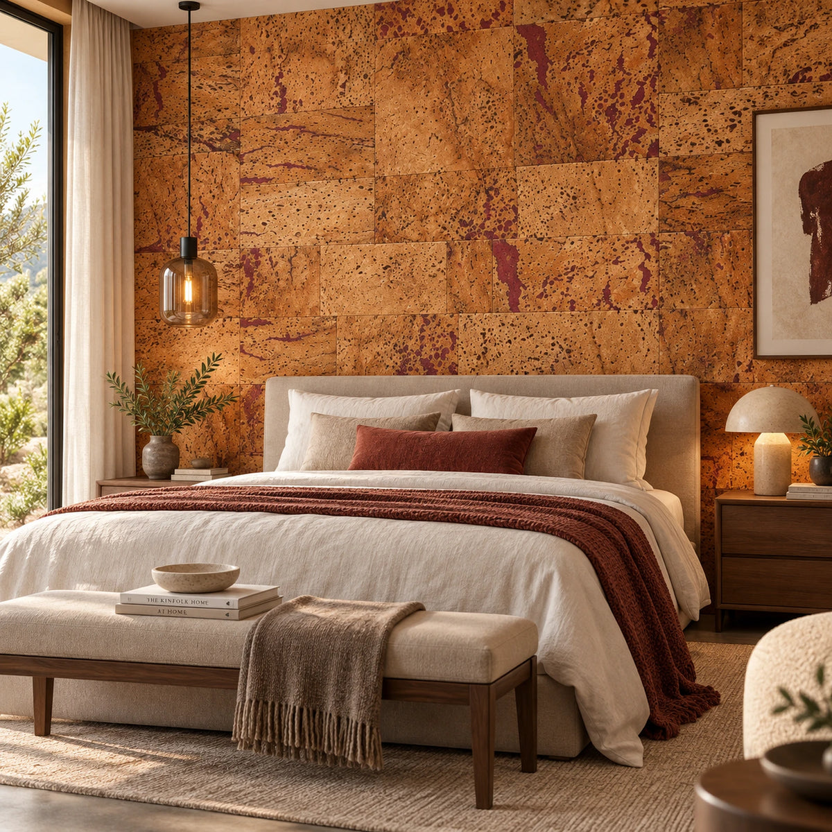 Europe Red cork wall tile shown in a conceptual residential bedroom visualization