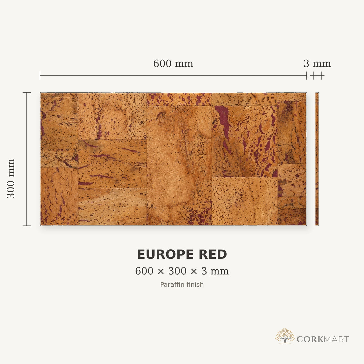 Europe Red cork wall tile dimensions for the 600 × 300 × 3 mm format; 300 × 300 mm format also available