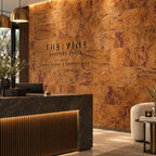 Europe Red cork wall tile shown in a conceptual hospitality reception visualization