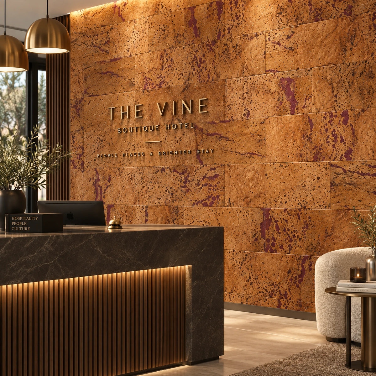 Europe Red cork wall tile shown in a conceptual hospitality reception visualization