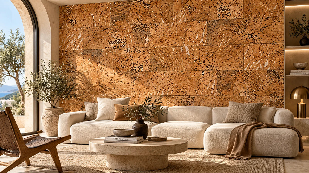 Europe White cork wall tile shown in a conceptual architectural interior visualization