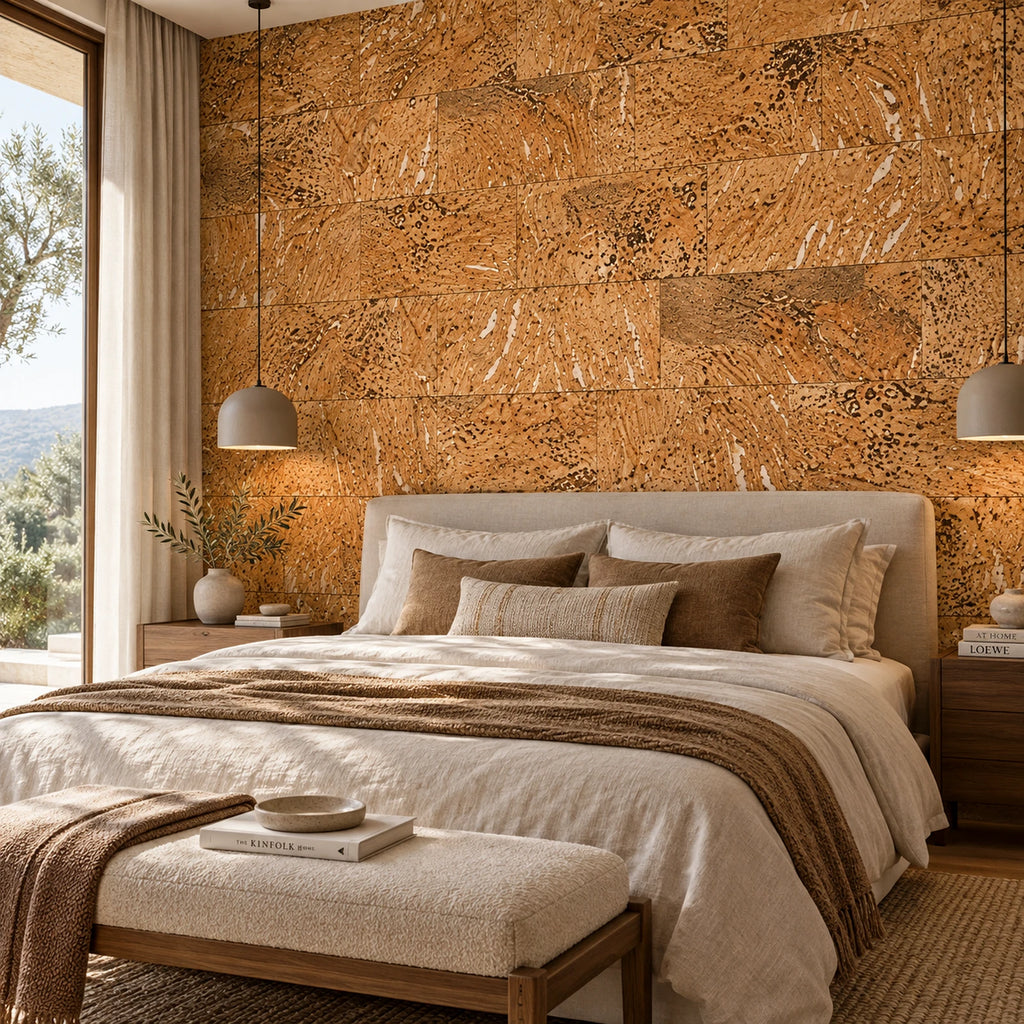 Europe White cork wall tile shown in a conceptual residential bedroom visualization