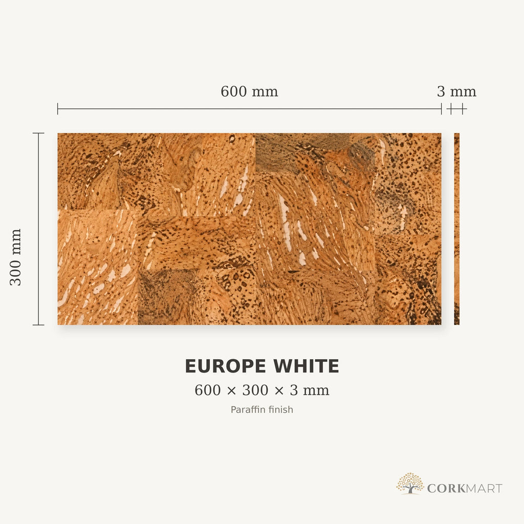 Europe White cork wall tile dimensions for the 600 × 300 × 3 mm format; 300 × 300 mm format also available