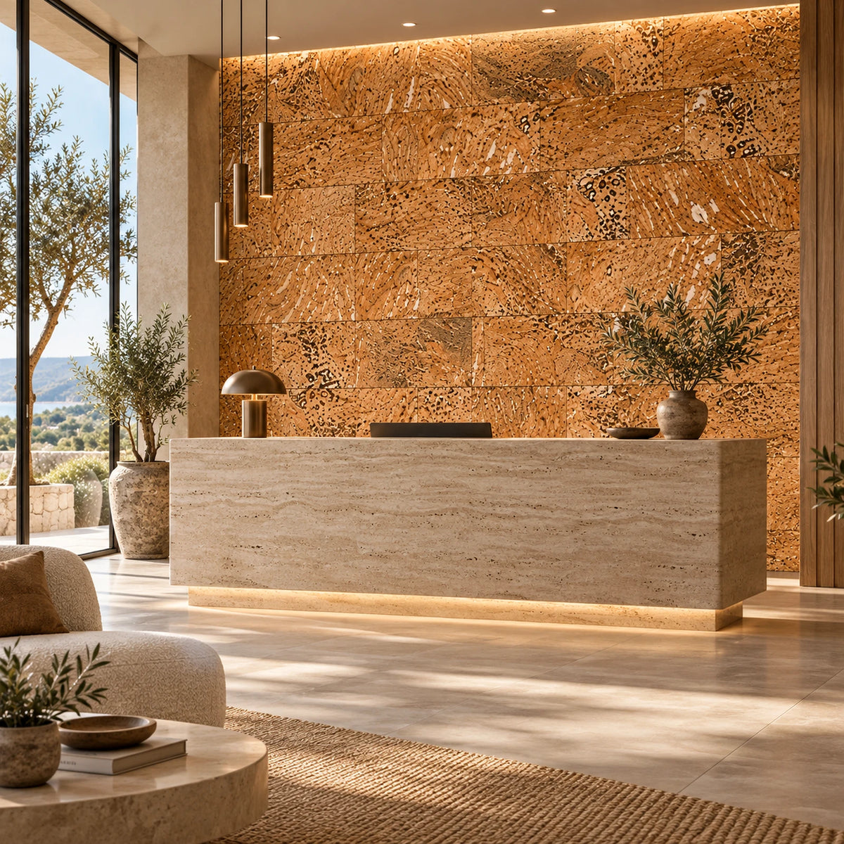 Europe White cork wall tile shown in a conceptual hospitality reception visualization