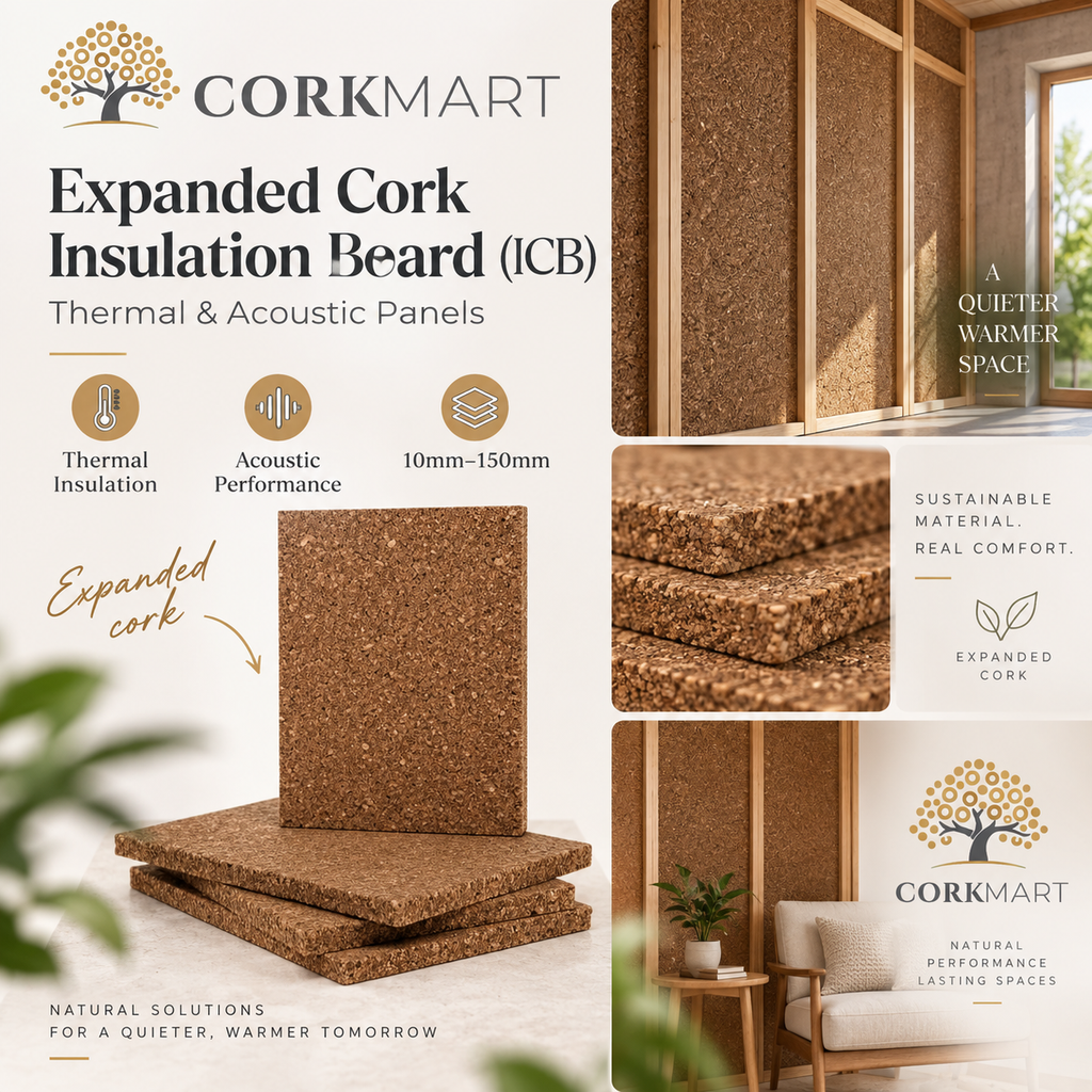 CorkMart editorial collage for Expanded Cork Insulation Board (ICB)