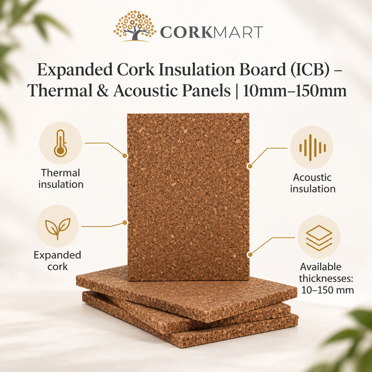 CorkMart infographic for Expanded Cork Insulation Board (ICB) 10mm to 150mm