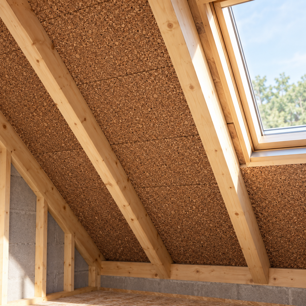 Expanded Cork Insulation Board (ICB) installed in a roof insulation application
