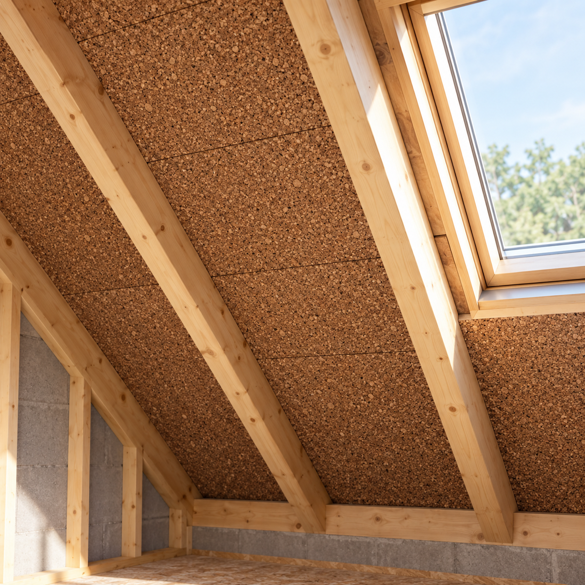 Expanded Cork Insulation Board (ICB) installed in a roof insulation application