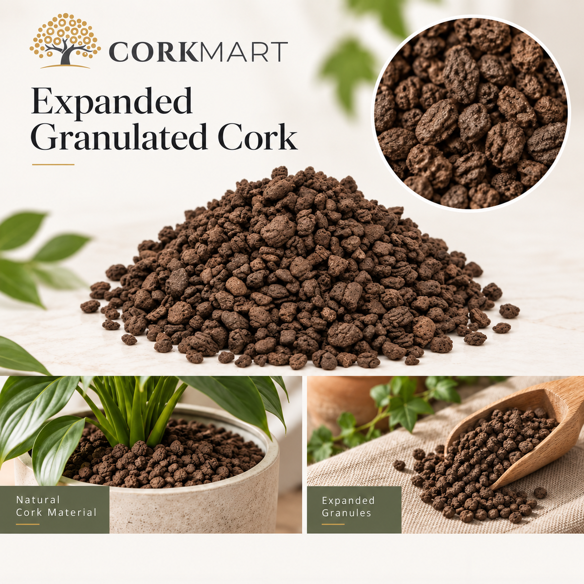 CorkMart editorial collage for Expanded Granulated Cork
