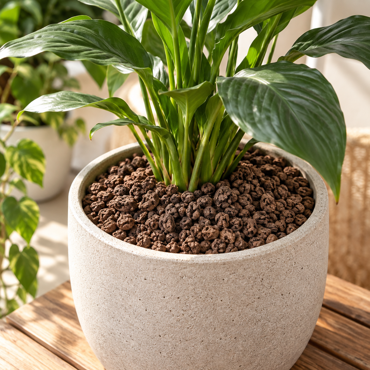 Expanded Granulated Cork used as top dressing in a potted plant