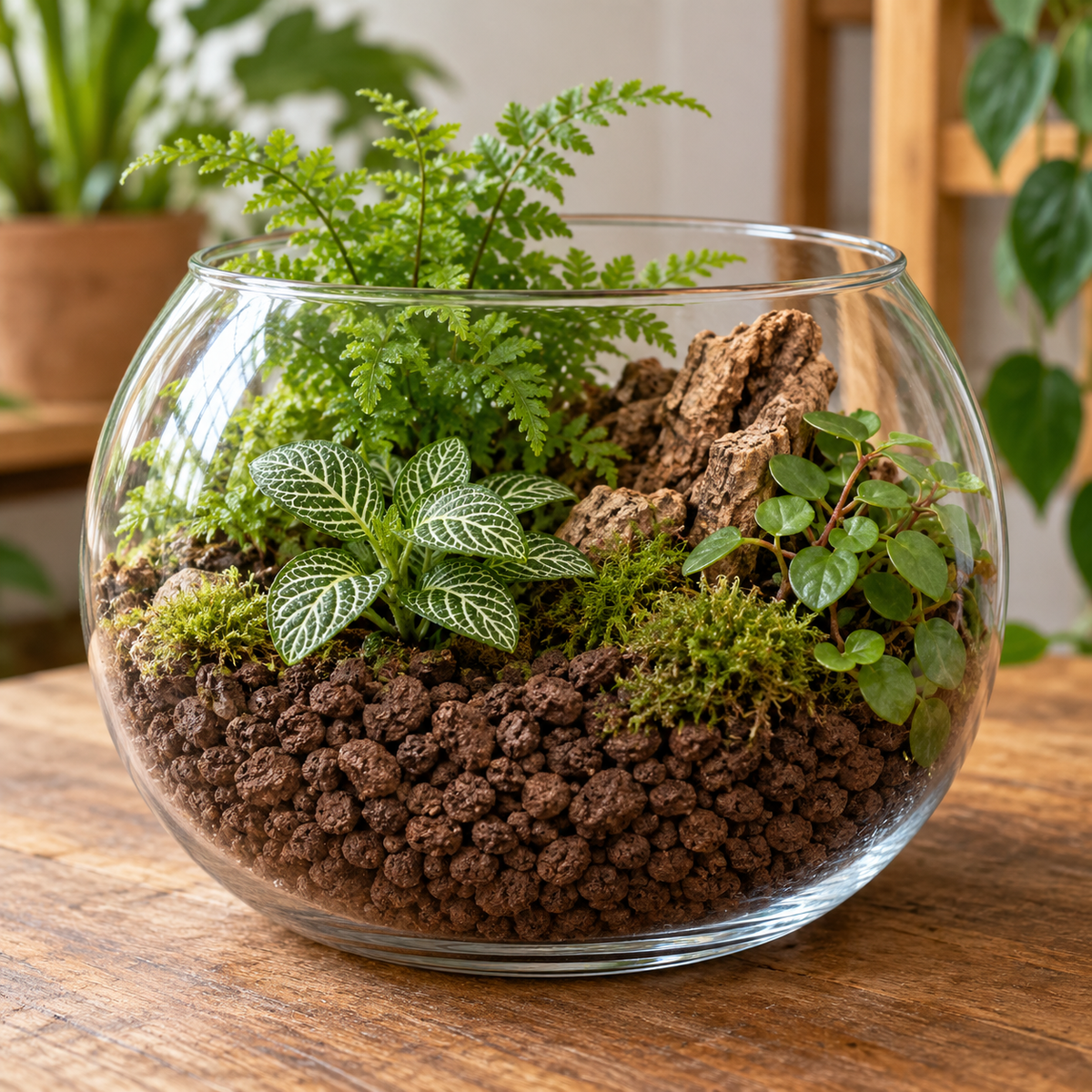 Expanded Granulated Cork used in a terrarium planting composition