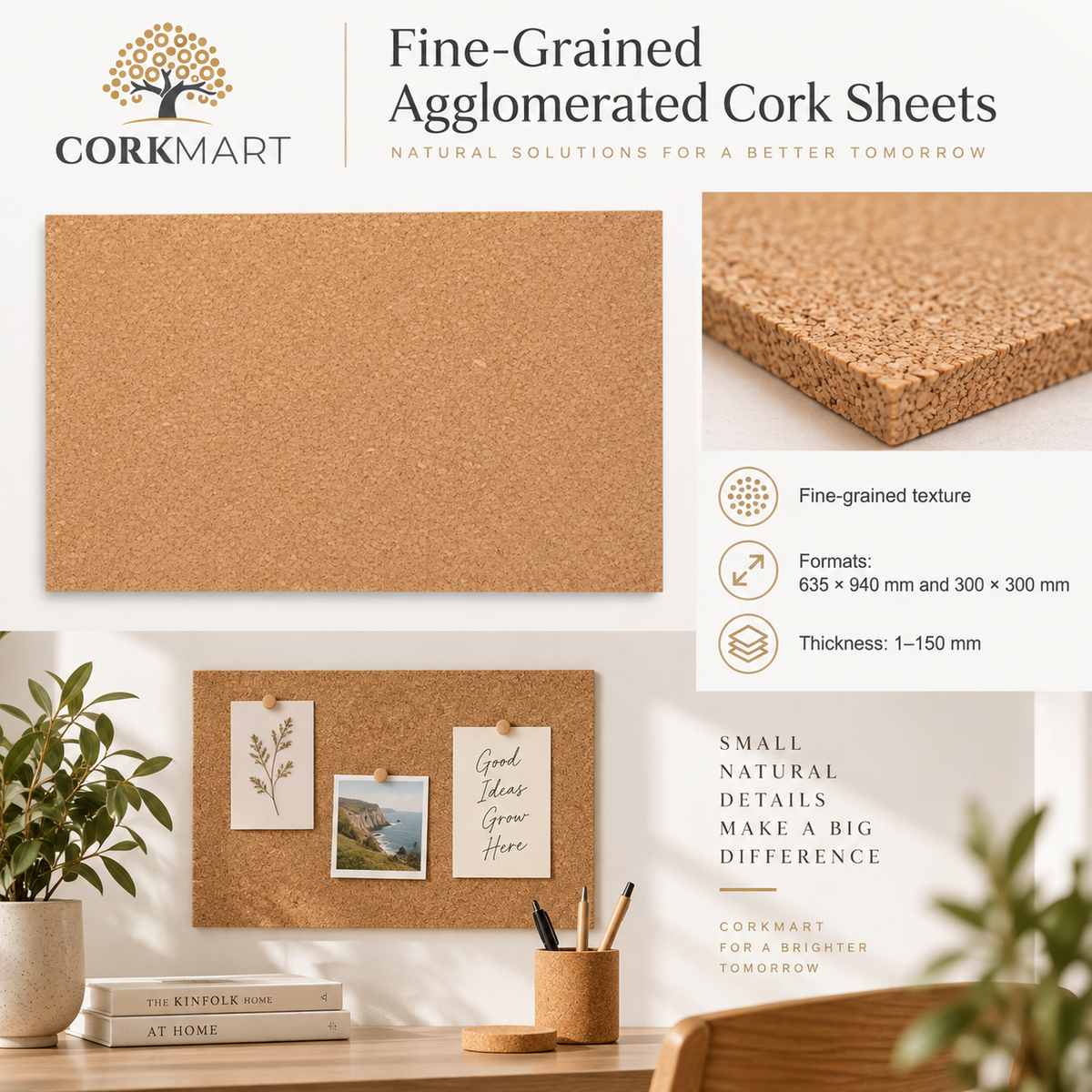 CorkMart editorial collage for Fine-Grained Agglomerated Cork Sheets
