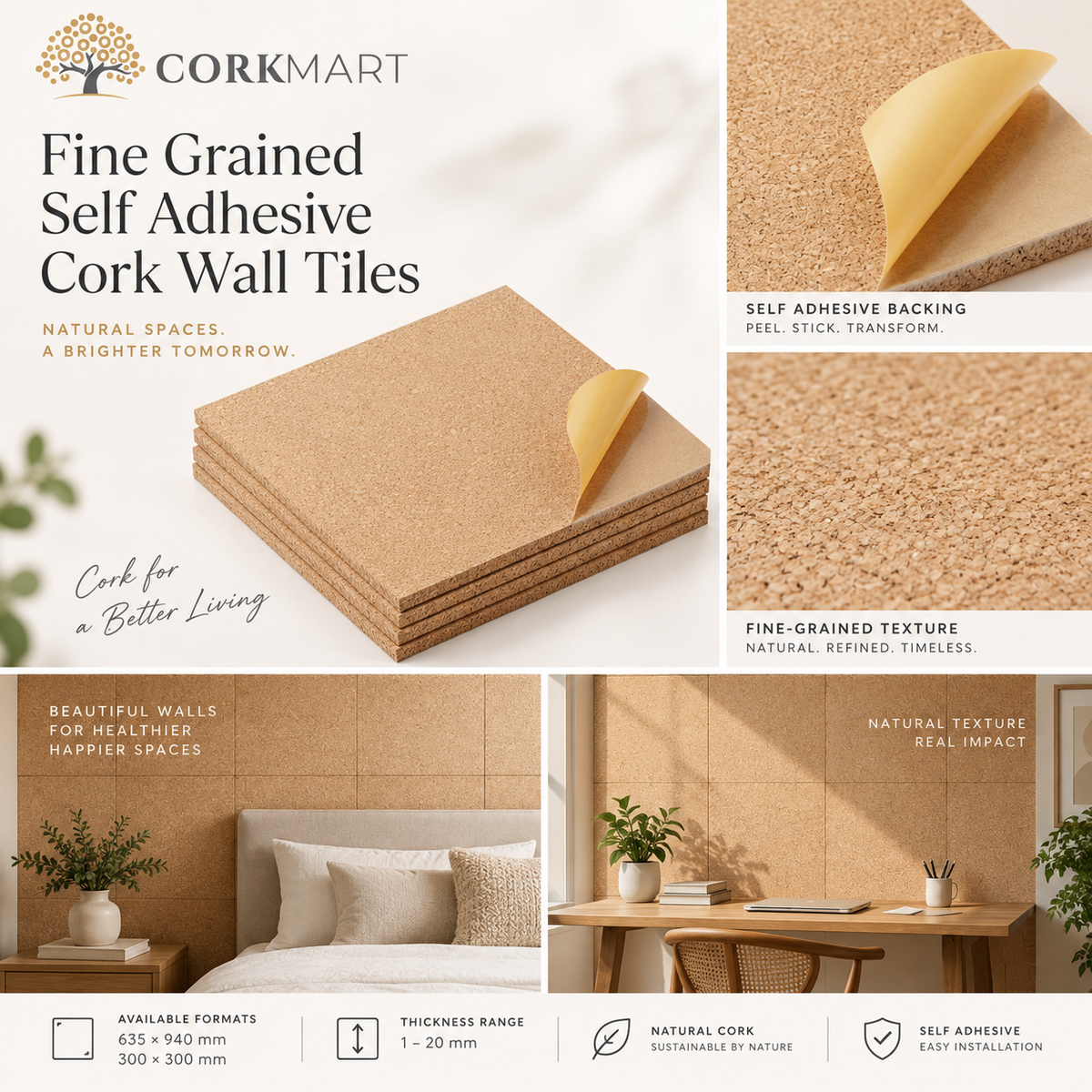 CorkMart editorial collage for Fine Grained Self Adhesive Cork Wall Tiles