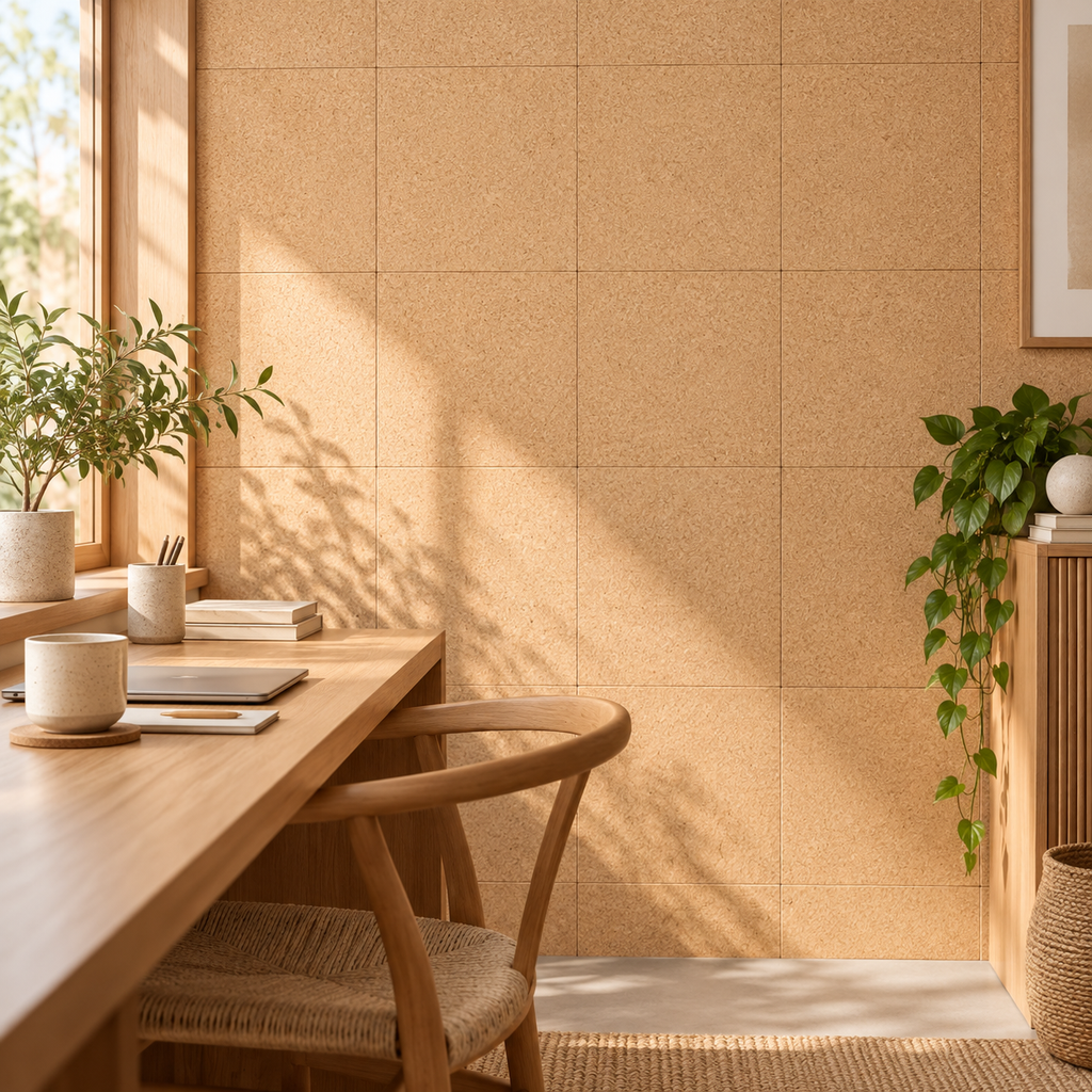 Fine Grained Self Adhesive Cork Wall Tiles in a premium natural interior setting