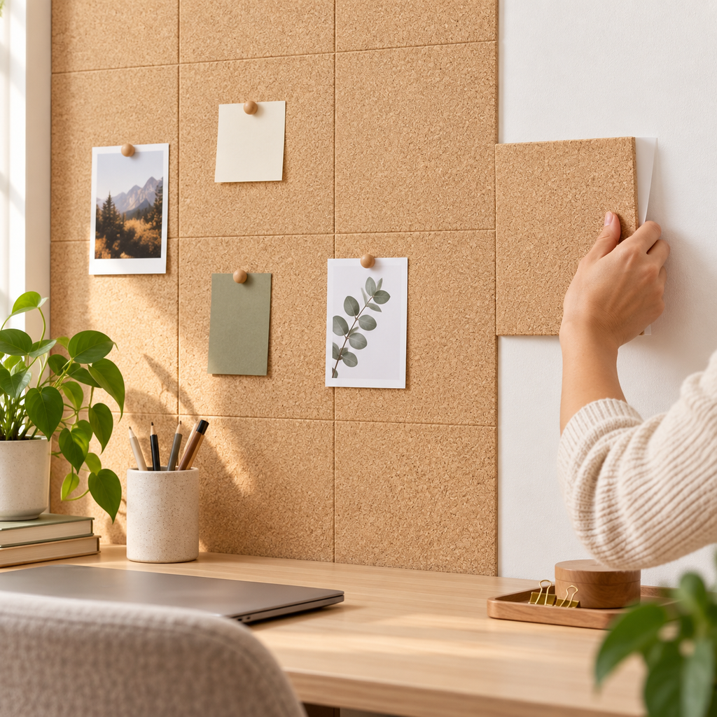Fine Grained Self Adhesive Cork Wall Tiles being applied to a wall