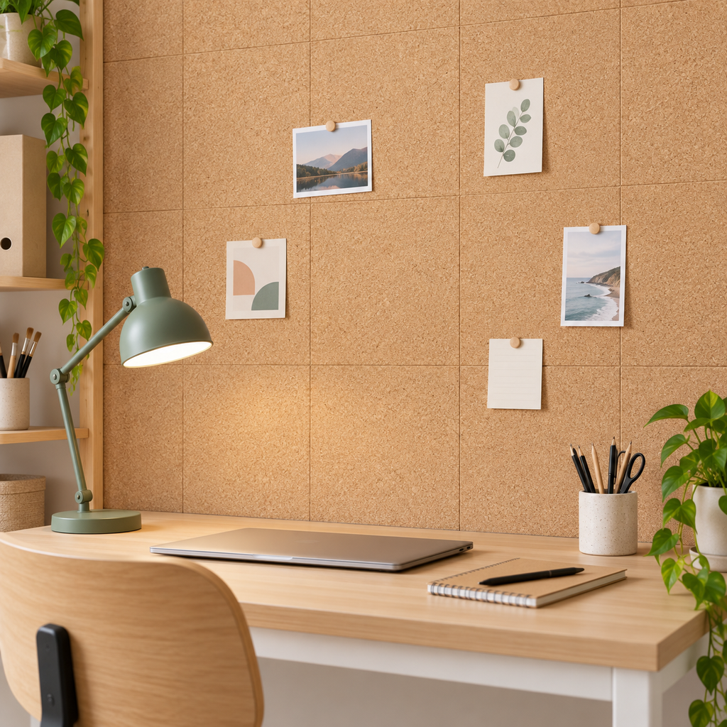 Fine Grained Self Adhesive Cork Wall Tiles used as a cork wall pinboard