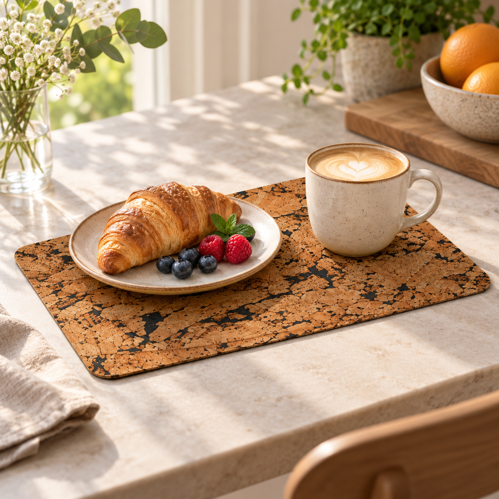 Fjord Black cork placemat in a bright breakfast table setting