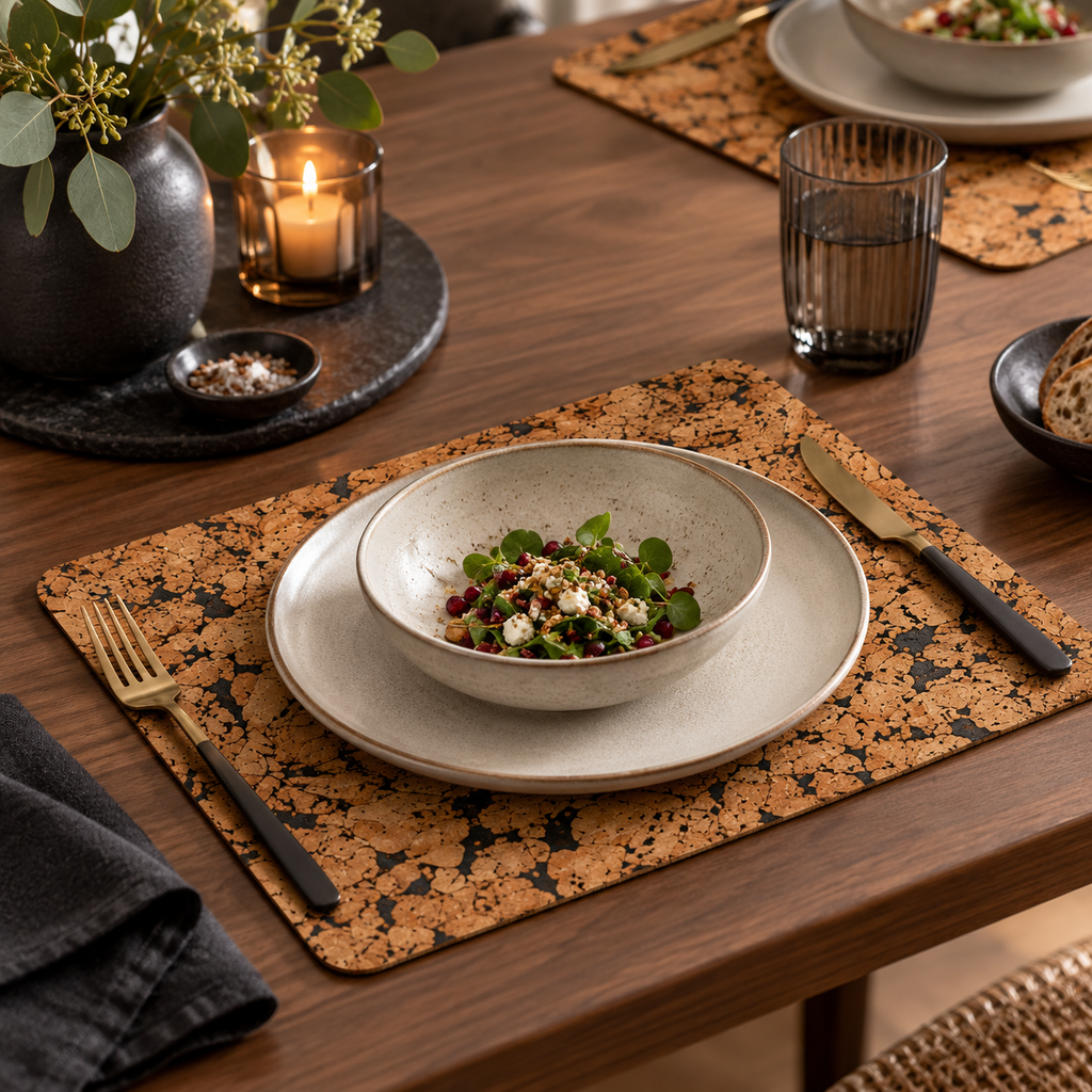 Fjord Black cork placemat in a refined high-contrast dining table setting