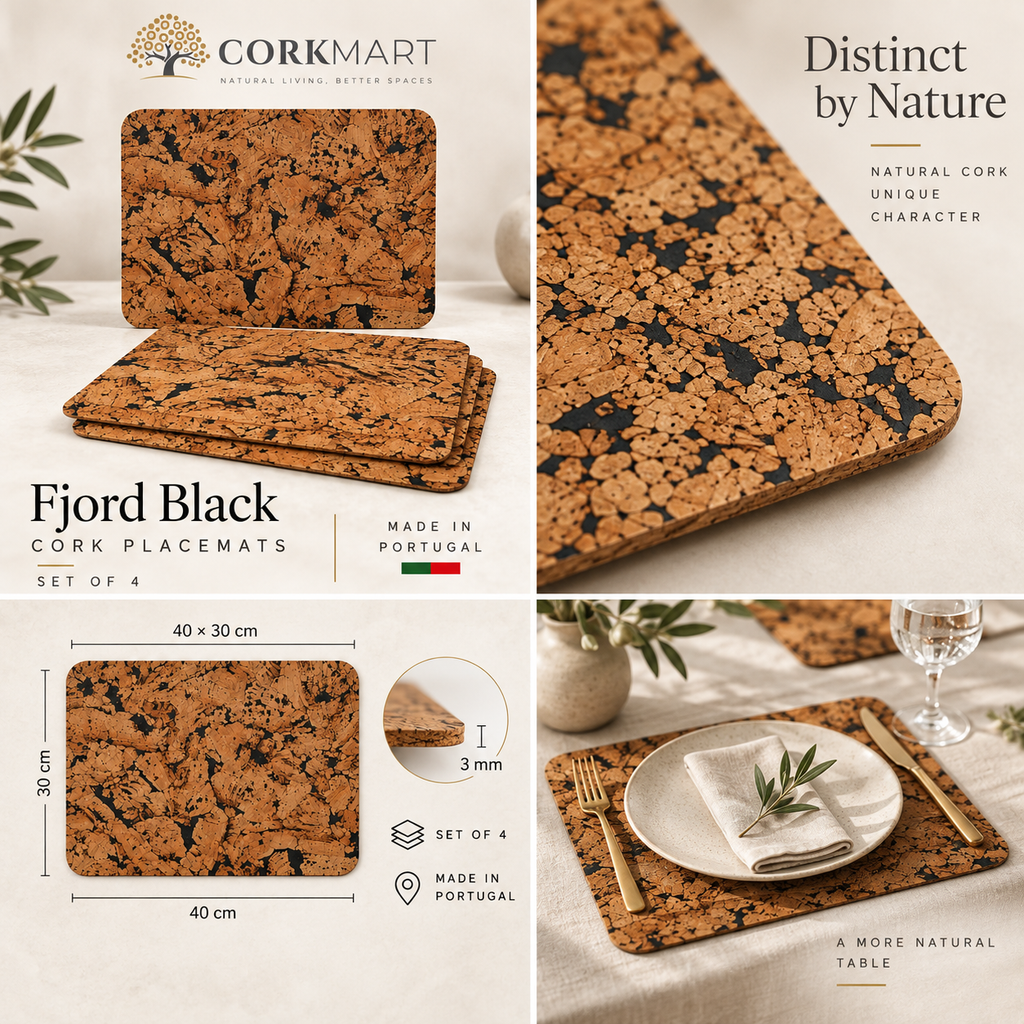 Fjord Black cork placemats — set of 4, dimensions, material and lifestyle overview