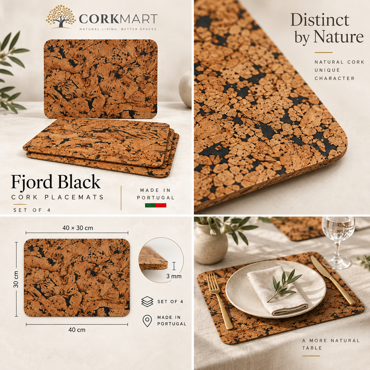 Fjord Black cork placemats — set of 4, dimensions, material and lifestyle overview