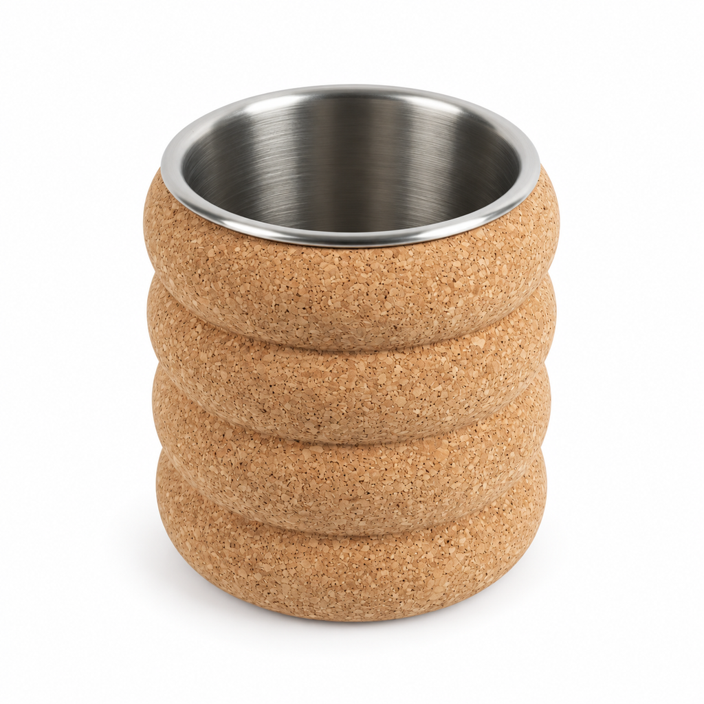 Fluted cork wine cooler, angled studio view showing segmented cork body and stainless-steel liner