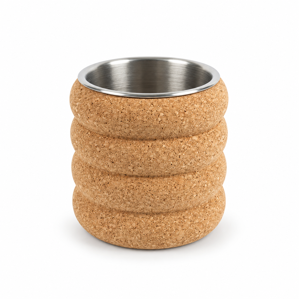 Fluted cork wine cooler, Ø200 × H205 mm, natural cork with stainless-steel liner on white background
