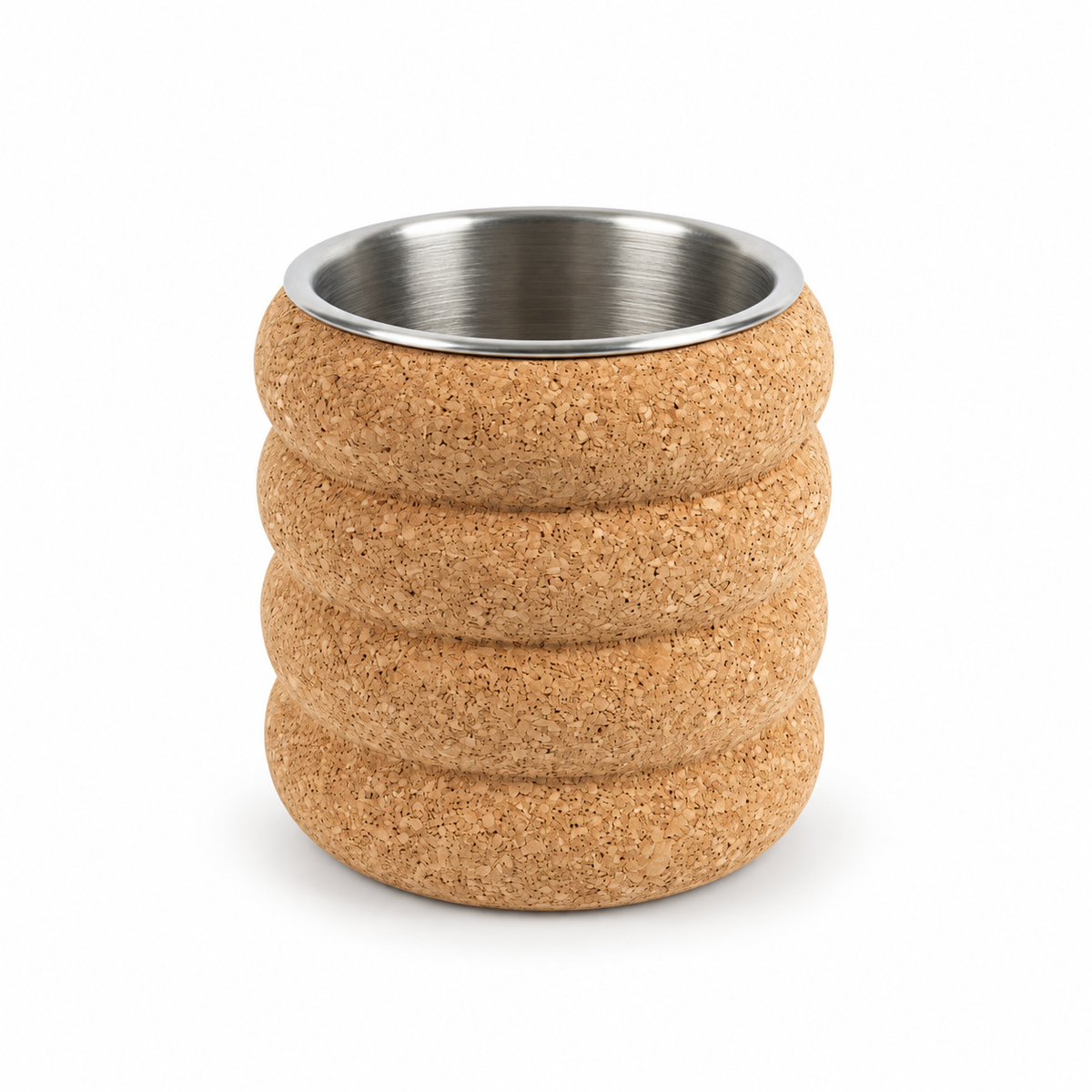 Fluted cork wine cooler, Ø200 × H205 mm, natural cork with stainless-steel liner on white background