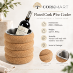 Fluted cork wine cooler infographic with Ø200 × H205 mm dimensions, 860 g weight, cork body, stainless-steel liner and Made in Portugal