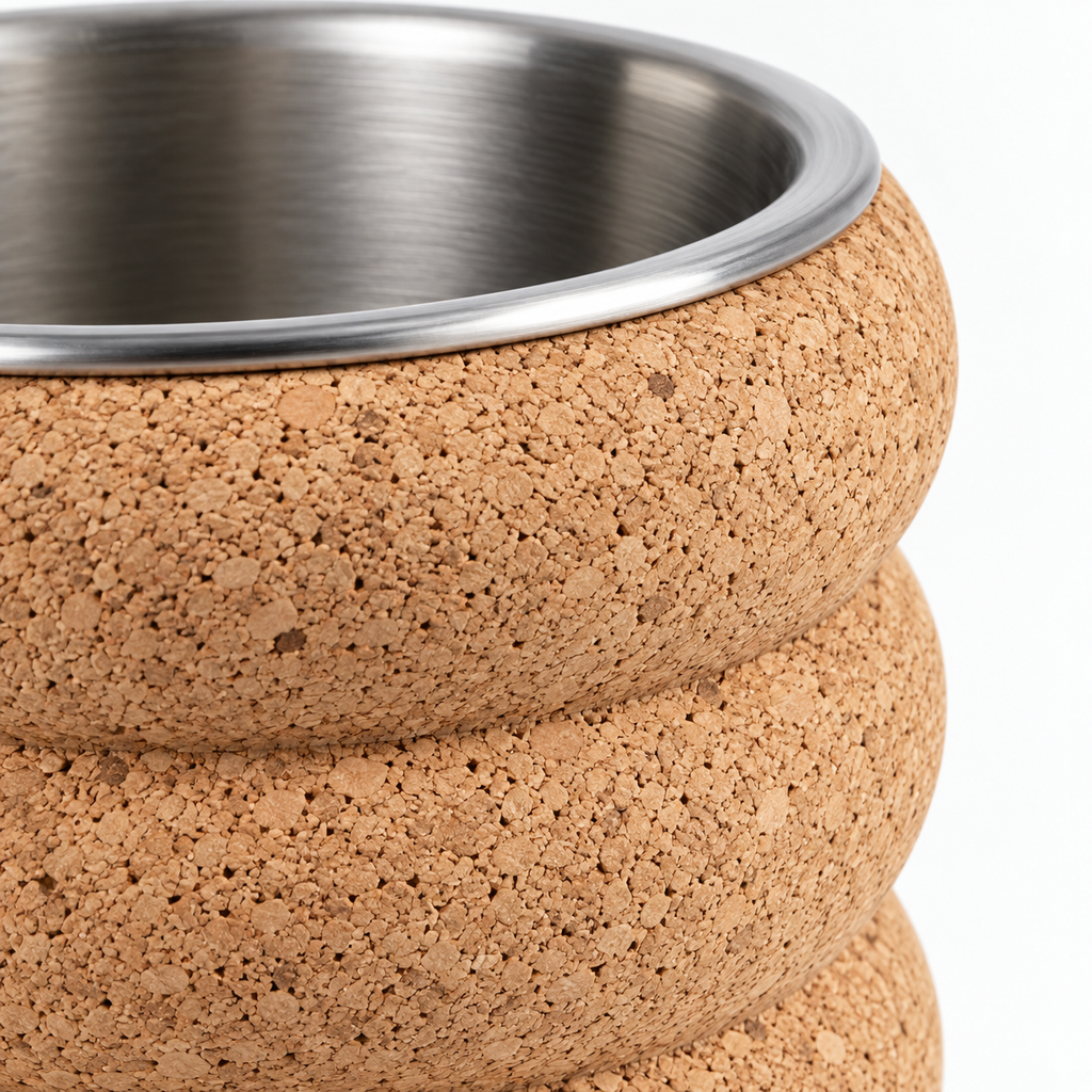 Macro detail of natural cork texture, rounded fluted segments and stainless-steel rim