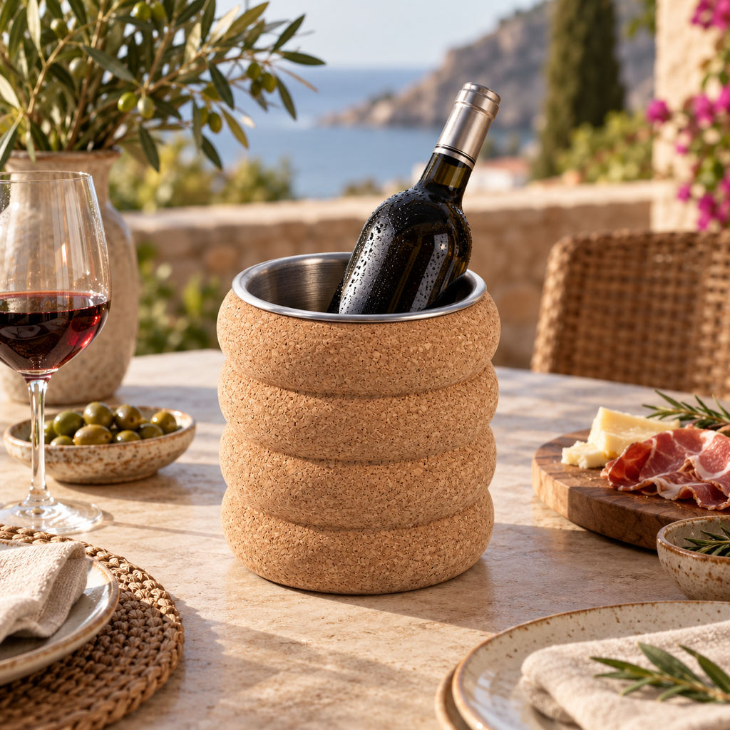 Fluted cork wine cooler holding a chilled wine bottle in a Mediterranean dining setting