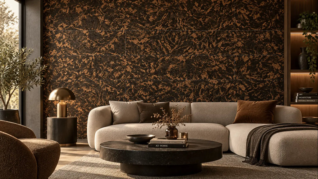 Forest cork wall tile shown in a conceptual architectural interior visualization
