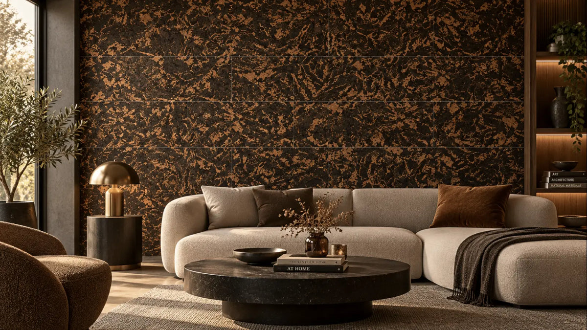 Forest cork wall tile shown in a conceptual architectural interior visualization