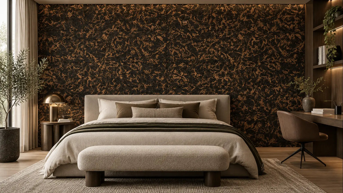 Forest cork wall tile shown in a conceptual residential bedroom visualization