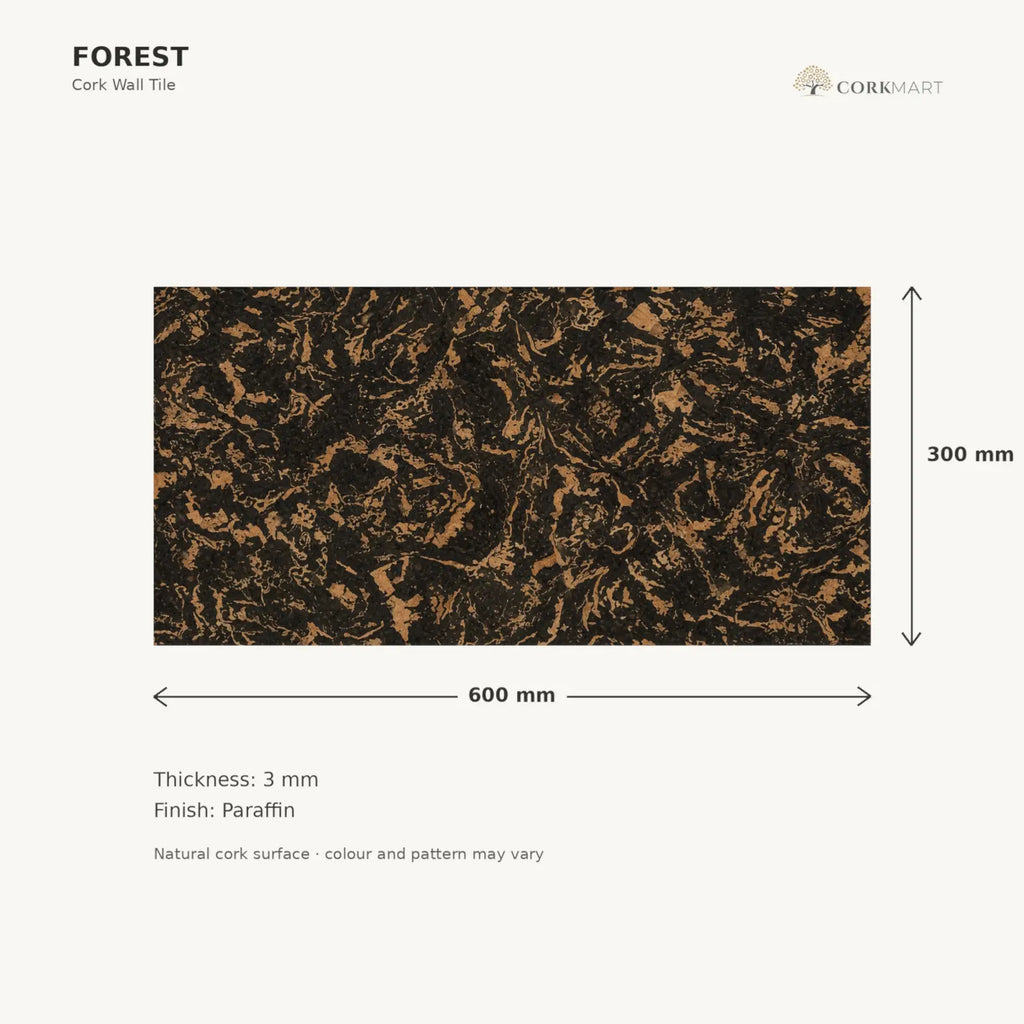 Forest cork wall tile dimensions for the 600 × 300 × 3 mm format; 300 × 300 mm format also available
