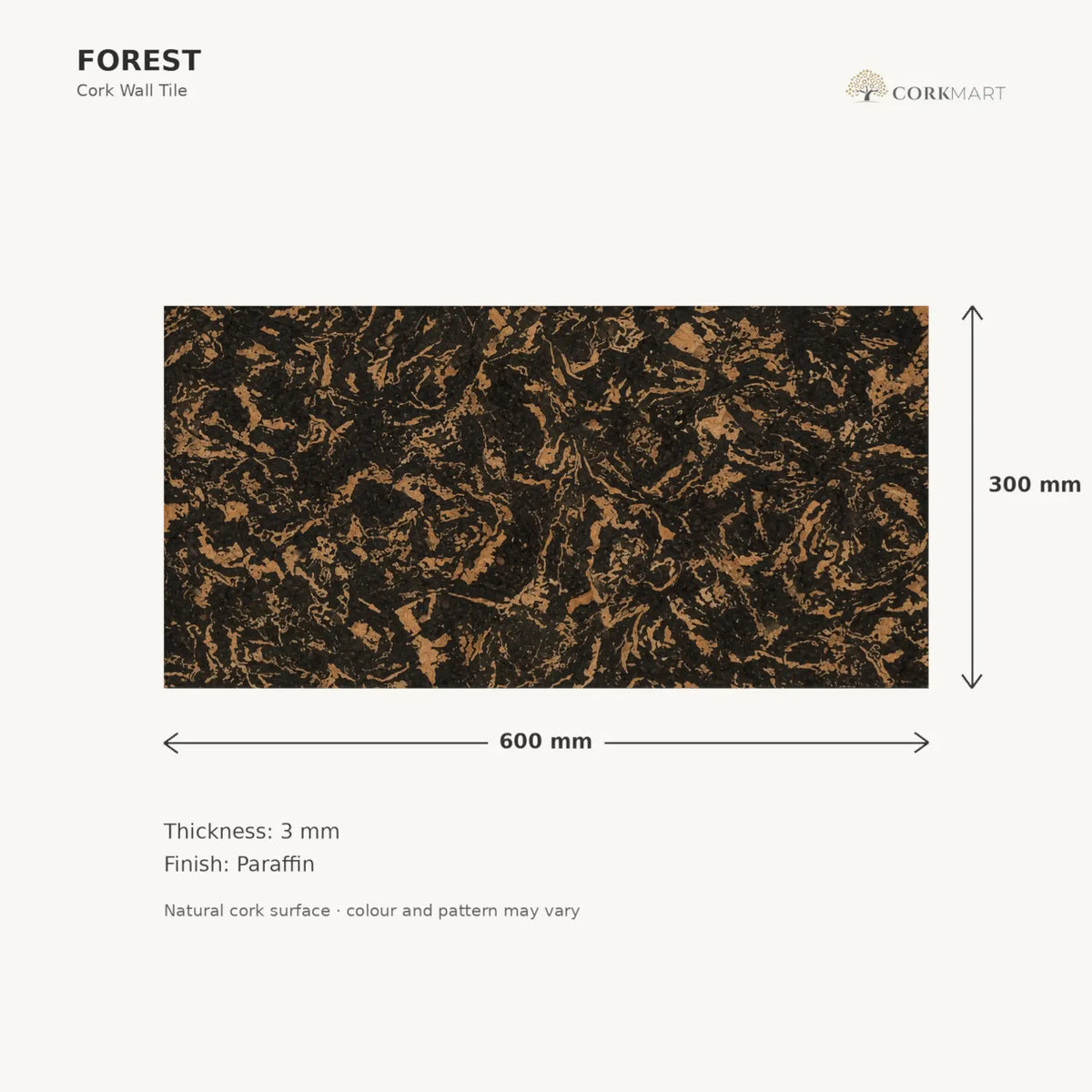 Forest cork wall tile dimensions for the 600 × 300 × 3 mm format; 300 × 300 mm format also available