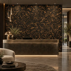 Forest cork wall tile shown in a conceptual hospitality reception visualization