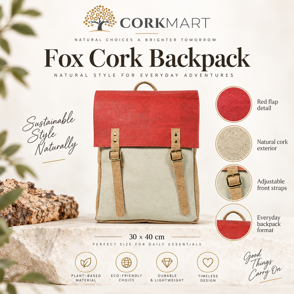 Fox Cork Backpack infographic with 30 × 40 cm size and product features