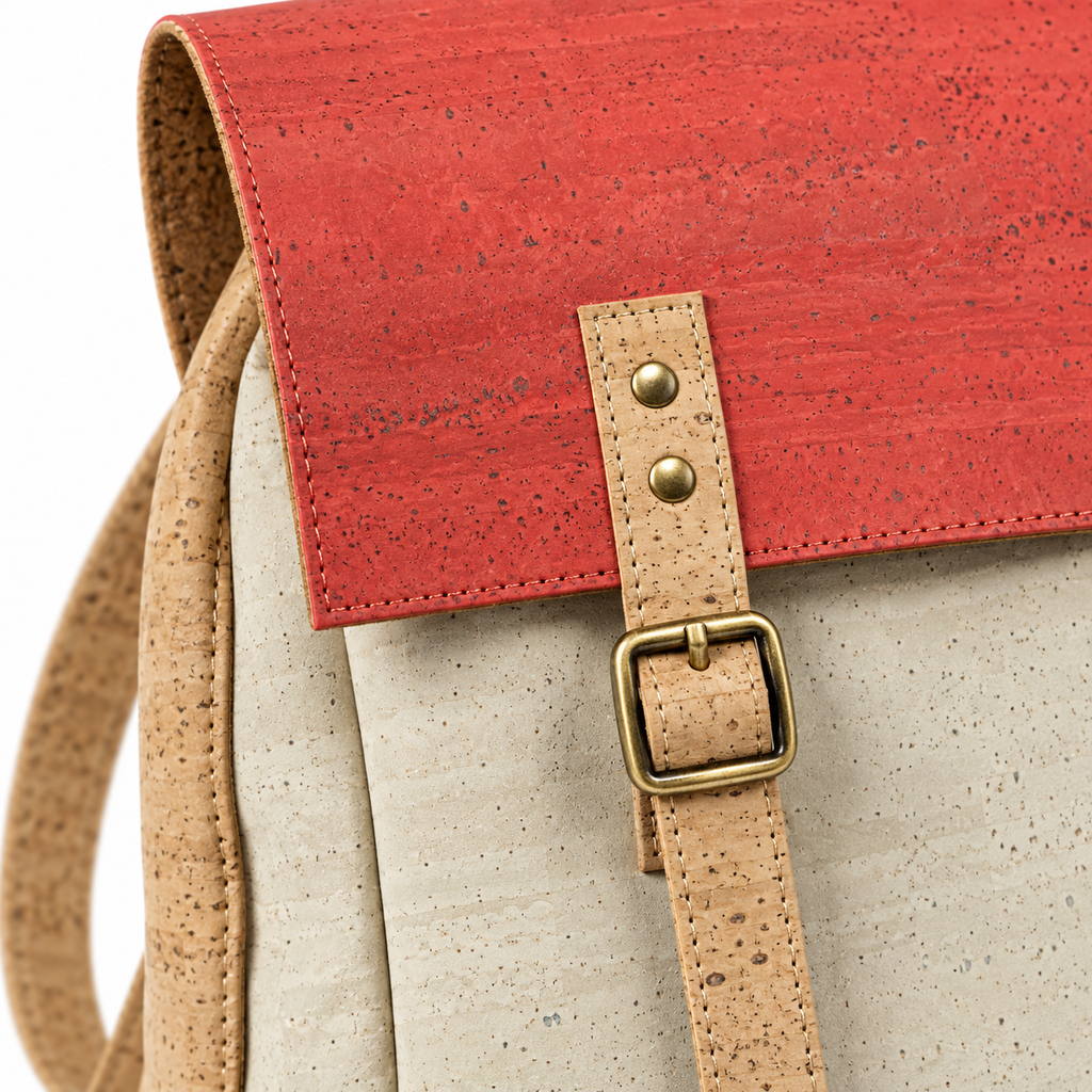 Fox Cork Backpack, cork texture, red flap and brass buckle detail