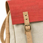 Fox Cork Backpack, cork texture, red flap and brass buckle detail