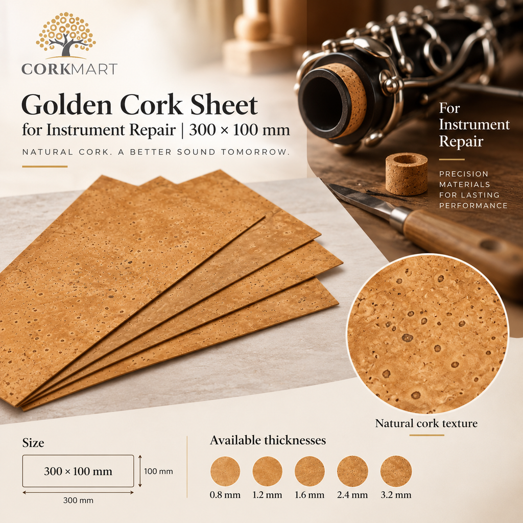 CorkMart editorial collage for Golden Cork Sheet for Instrument Repair | 300 × 100 mm